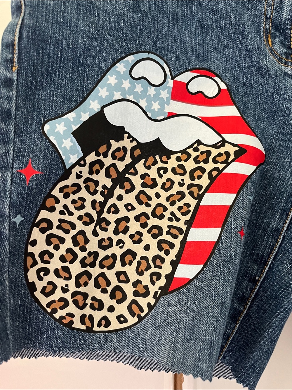 Women's Blue Denim Jean Shorts with Graphic Tongue Print - Picture 3 of 8